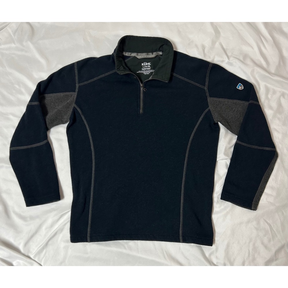 Kuhl Kashmira Boys L 14-16 Black Gray Quarter Zip Fleece Pullover Sweater Hiking